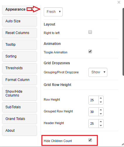 grid showhide child count