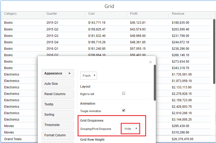 appearance Grid Dropzones